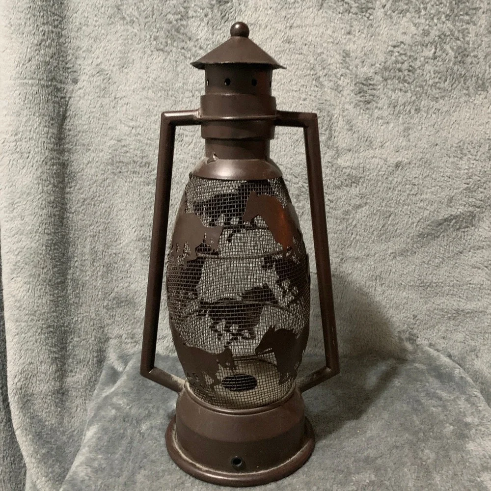 Rustic Brown Metal Horse Silhouette Mesh Hurricane Lantern Western Decor Flaw